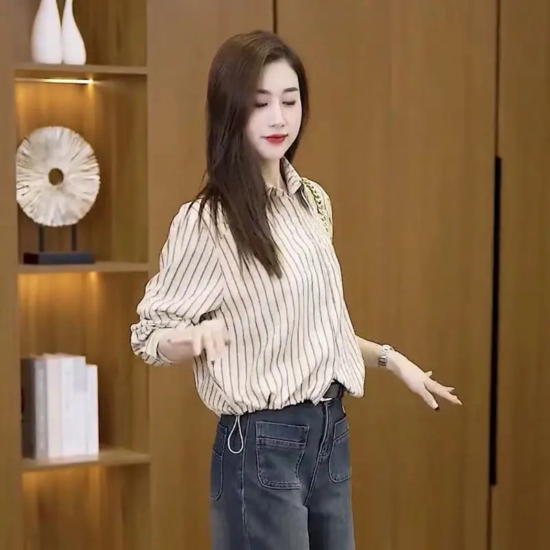 Áo Sơ Mi Sọc, Thời Trang Mùa Xuân Mới, Dáng Rộng Vừa Vặn, Cao Cấp, Ngắn, Thanh Lịch, Áo Cánh Sành Điệu, 2025