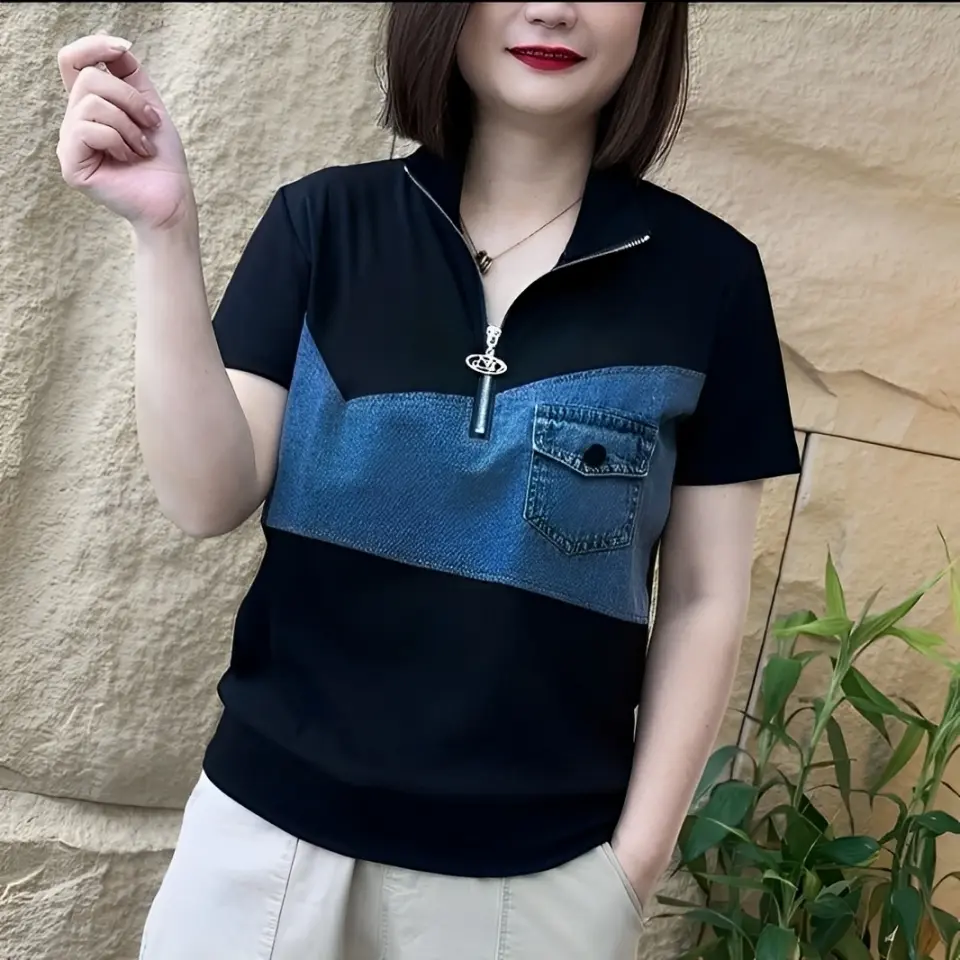 Áo Thun Kéo Khóa Cổ Bẻ Phối Cách Điệu Trẻ Trung Mới Lạ ( HC2 ) Nữ Top Polo