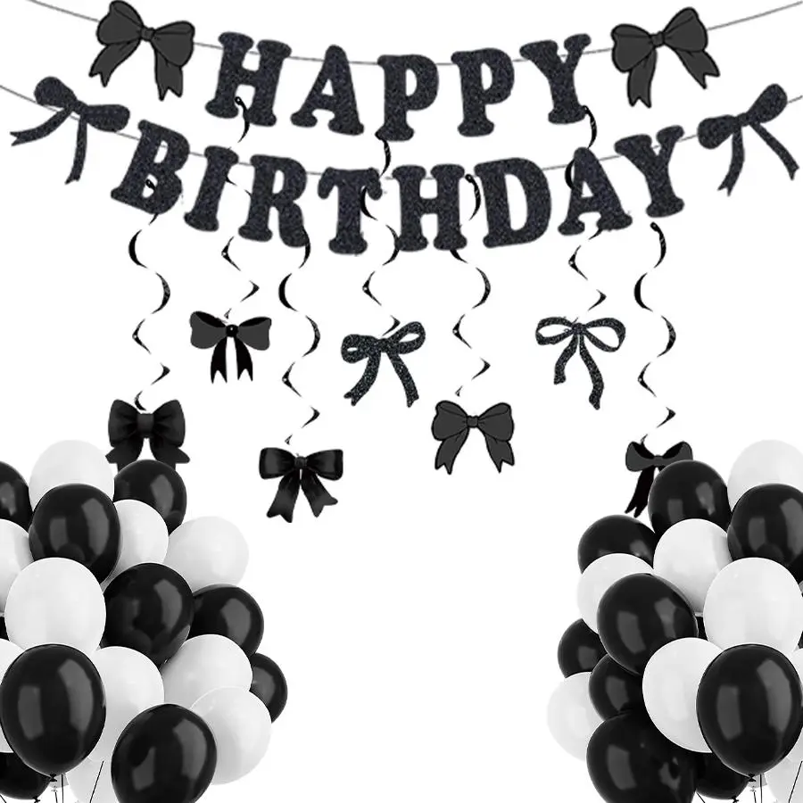 Bow Birthday Party Decorations, 1 Set Happy Birthday Banner & Bow & Ballon, Hanging Swirls for Home Office Party Decor, Ornaments