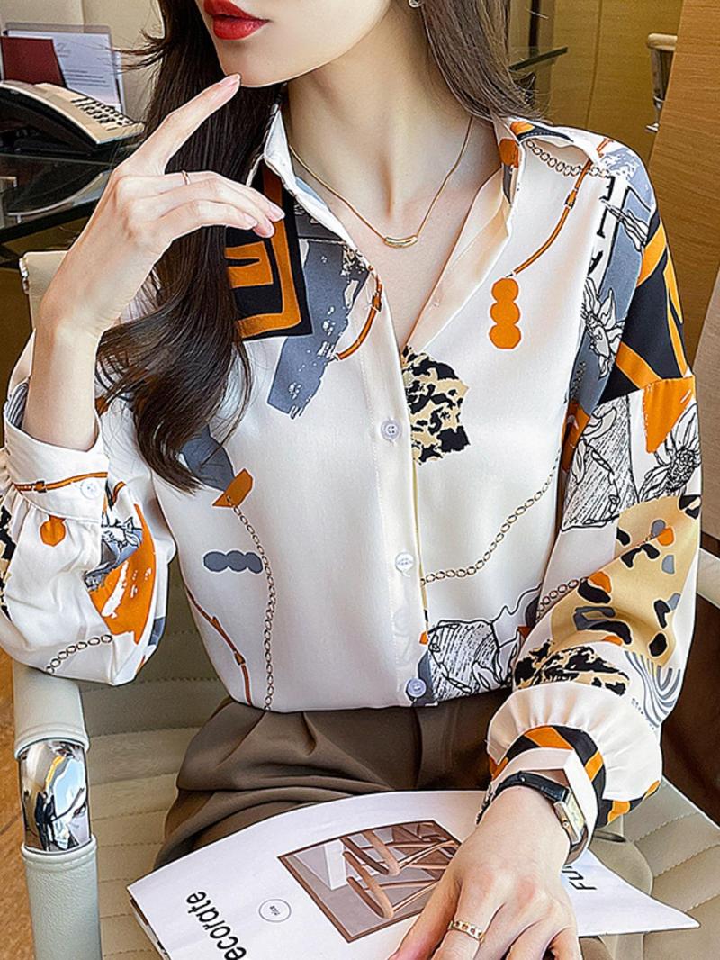 Product Introduction of Women's Chain Print Button Front Blouse, Casual Long Sleeve Collared Top for Spring & Fall, Women's Clothing for Daily Wear 5