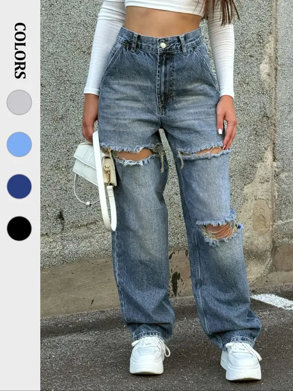 Women's Ripped Denim Jeans, Y2k Casual Fashion Baggy Pants for Daily Wear, Ladies Bottoms for All Seasons, Womenswear 3
