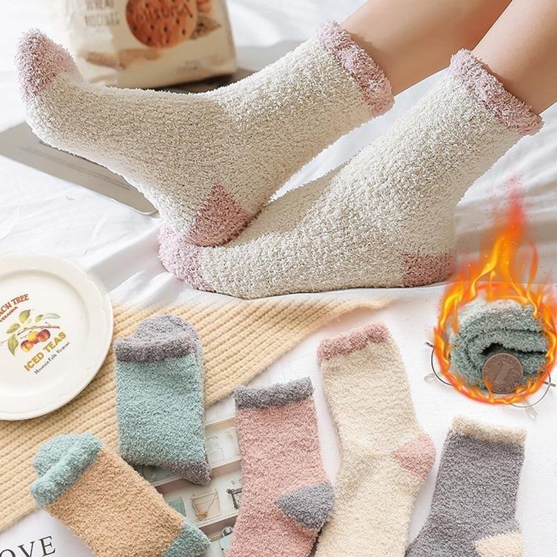 Tất Lông Cừu San Hô, Dành Cho Bé Gái, Mùa Đông Dày Dặn, Tất Ống Giữa Nhồi Bông Màu Trơn Bồng Bềnh, Tất Đi Trong Nhà 0