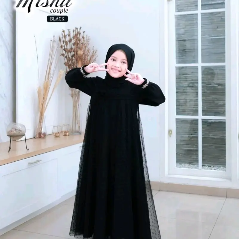 Misha dress kids usia 5-15 thn UK M, L, XL bahan shakila mix tille dot gamis terbaru / gamis anak perempuan / gamis lebaran / gamis Renda baju  lebaran 1