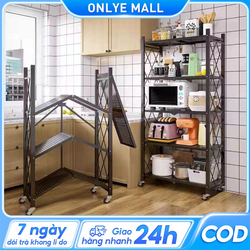 ONLYE Kệ đựng đồ cao cấp có thể gấp và có bánh xe, kệ đựng đồ nhà bếp bằng thép gấp mới và đa năng, có 3/4/5 tầng, không cần lắp ráp, rất thích hợp để đặt lò vi sóng.