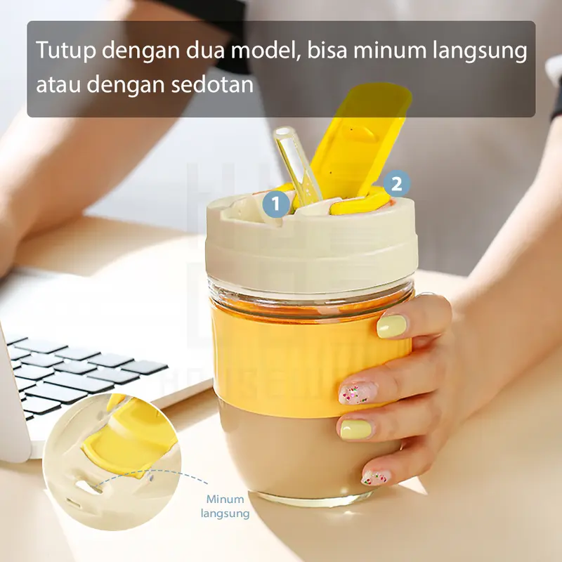 HUGO Tumbler Kaca 350 ml dan 500 ml Gelas Botol Minum Kaca Bening Aesthetic Coffee Cup Anti Tumpah 2