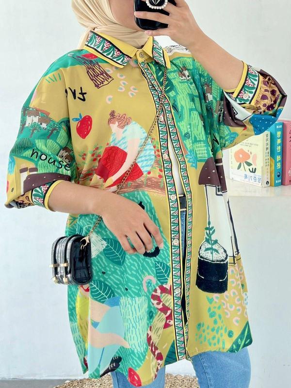 Kemeja Wanita Silk Aqiana Oversize - Baju Panjang Motif  Casual Atasan 3