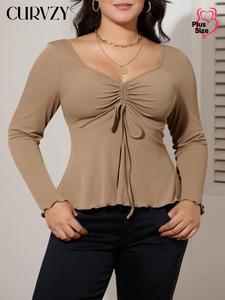 CURVZY Plus Size Solid Ruched Drawstring Lettuce Trim Tee, Casual Sweetheart Neck Long Sleeve T-shirt for Fall & Winter, Women's Clothing for Daily Wear
