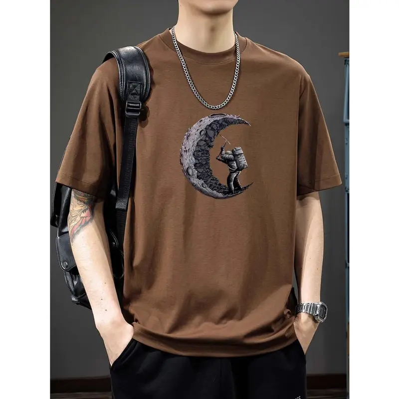 Baju Trip Adventure Men's 100% Cotton Casual Crew Neck T-Shirt with Alphabet Moon Digital Heat Transfer Print - Regular Fit Knit Fabric Short Sleeve Top with Slight Stretch kaos  psht 3