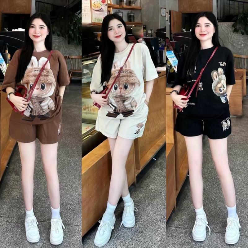 Set bộ đùi nữ áo form rộng + quần đùi chất Unisex cotton Mỏng Nhẹ free size 38-65kg Top Women Nhung in Gấu Labubu