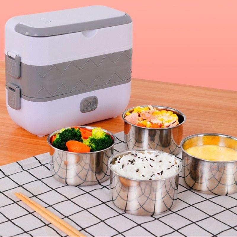 Hộp cơm giữ nhiệt văn phòng cắm điện 2 tầng 4 bát inox 304 hâm nóng và tự nấu chín, nhỏ gọn tiện lợi