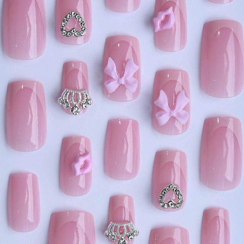 Product Introduction of 3D Lip Print Pattern Fake Nail with Tape & Nail File, 24pcs/set Rhinestone Decor Press on Nails for Women & Girls DIY Nail Art, Elegant Stick on Nails Kit, Christmas, Christmas Gift 12