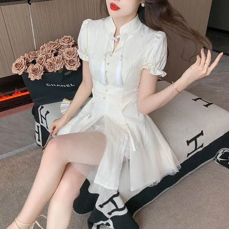NV568 Váy tết 2024 sườn xám cách tân Váy nữ xinh dáng chữ a vải gấm hoa phối voan Women Dress Kem 5