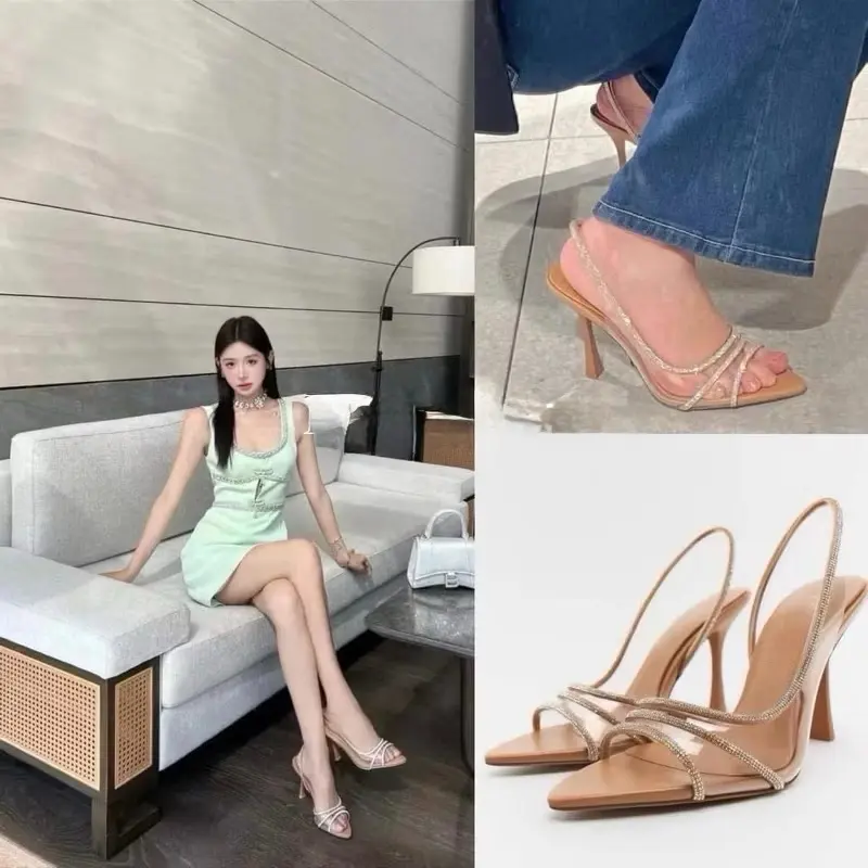 Giày sandal Z cao gót mũi nhọn hở quai Mica đính đá lấp lánh gót nhọn cao 9cm phong cách sang trọng Fullbox #7785