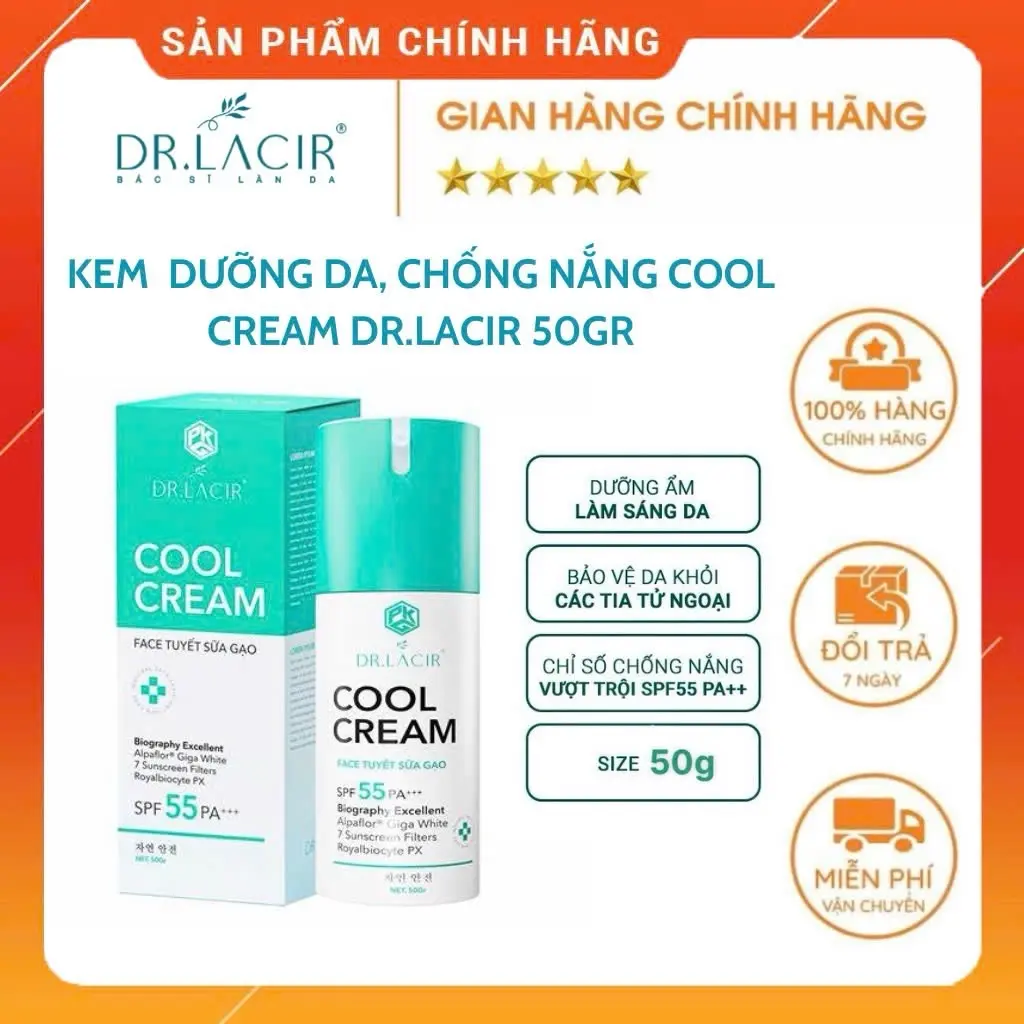 Kem chống nắng cool cream Dr.Lacir 50g SPF 55PA++ FACE TUYẾT SỮA GẠO giúp dưỡng da chống nắng dành cho tất cả các loại da
