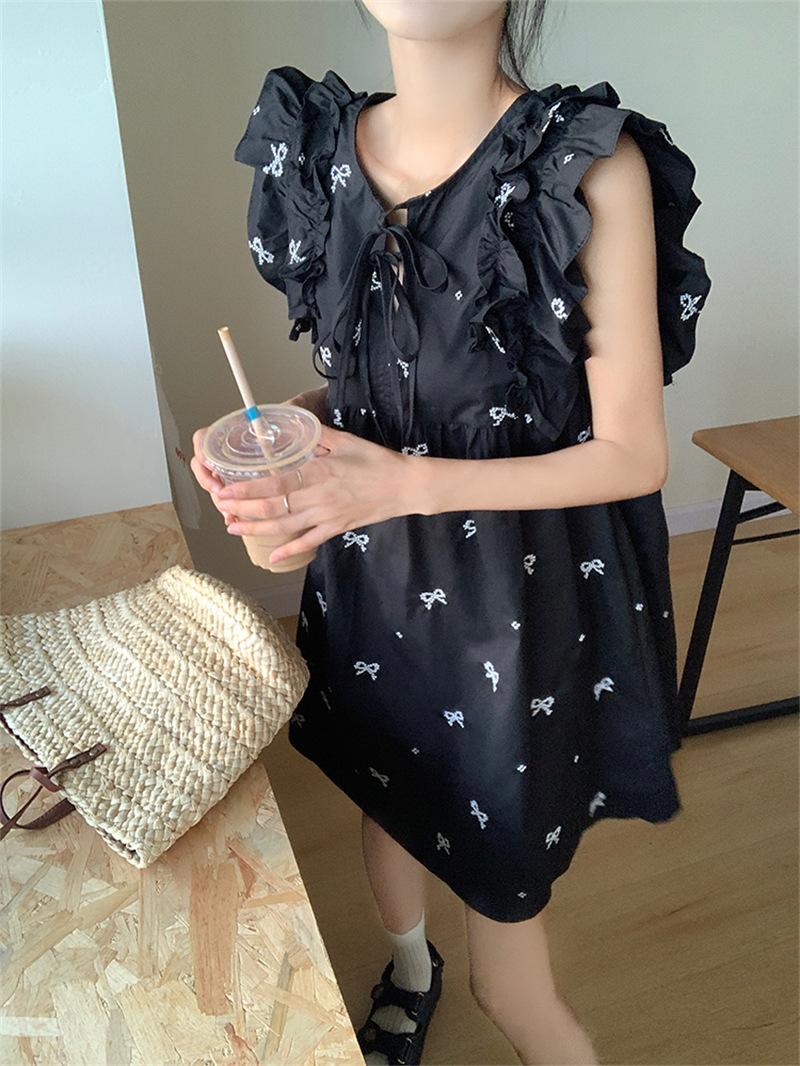 Product Introduction of JLYDQ*Sweet doll skirt with small flying sleeves, black dress for women in summer, loose ruffled hem, belly covering, short skirt, cute jumpsuit, short skirt 10