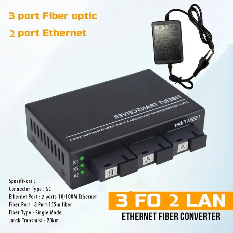 3F2E Fiber Optik Media  Converter Single Mode 2 Rj45 Dan 3 Sc Port 10/100Mbps Asli Import 0