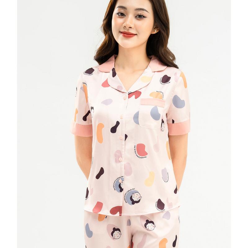 Bộ Pijama Vadesi quần đùi áo cộc bà già xìteen chất liệu lụa thoáng mát mềm Nữ Nhung
