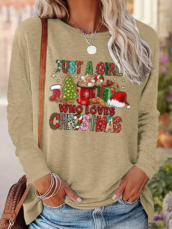 Women's Christmas Themed T-shirt, Casual Letter Print Long Sleeve Round Neck Tee for Daily Wear, Ladies Fall & Winter Clothes 3