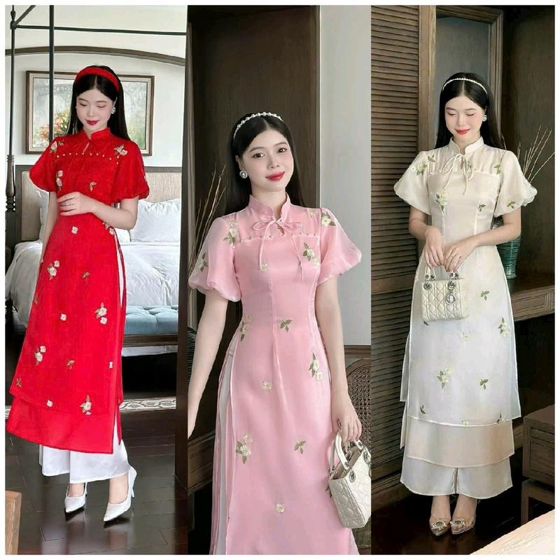 SÉT ÁO DÀI 2 LỚP, BỘ ÁO DÀI CÁCH TÂN THÊU HOA CHẤT VẢI VOAN TƠ LÓT LỤA ĐỦ SIZE