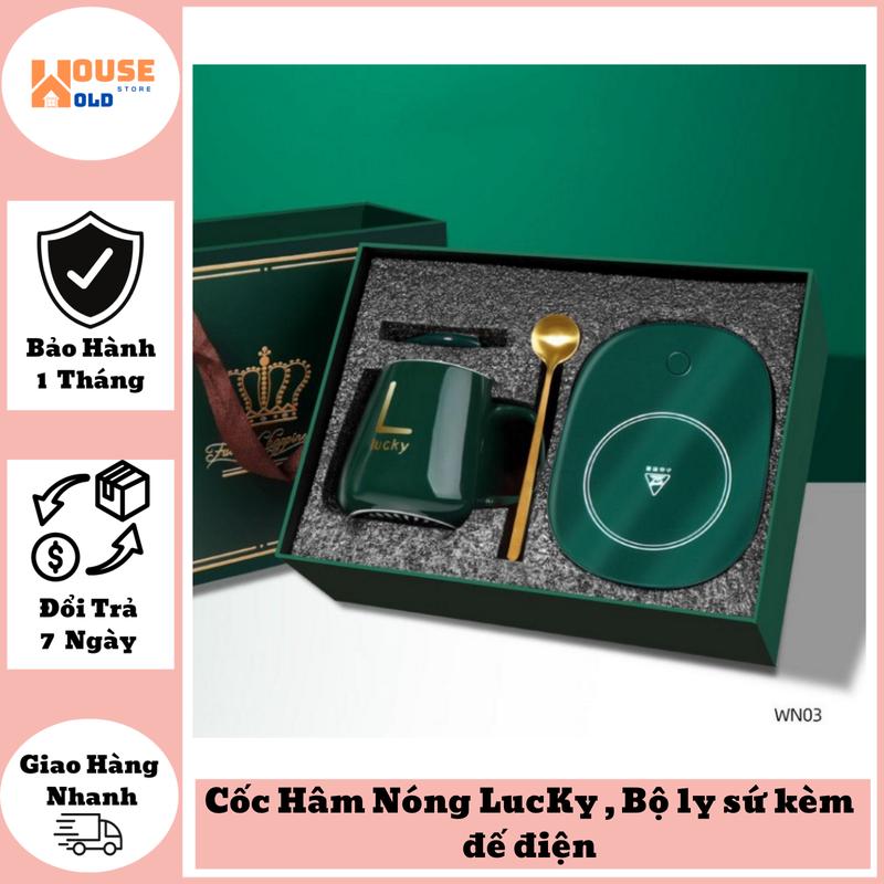 Cốc Hâm Nóng LucKy , Bộ ly sứ kèm đế điện hâm nóng trà, cafe, hâm sưɑ~ + Tặng kèm thìa , hộp sang trọng Pha Trà