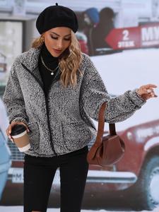 Women's Solid Drop Shoulder Mock Neck Zip Up Fuzzy Jacket Without Sweater, Casual Warm Long Sleeve Dual Pocket Coat for Daily Outdoor Wear, Women Clothing for Fall & Winter