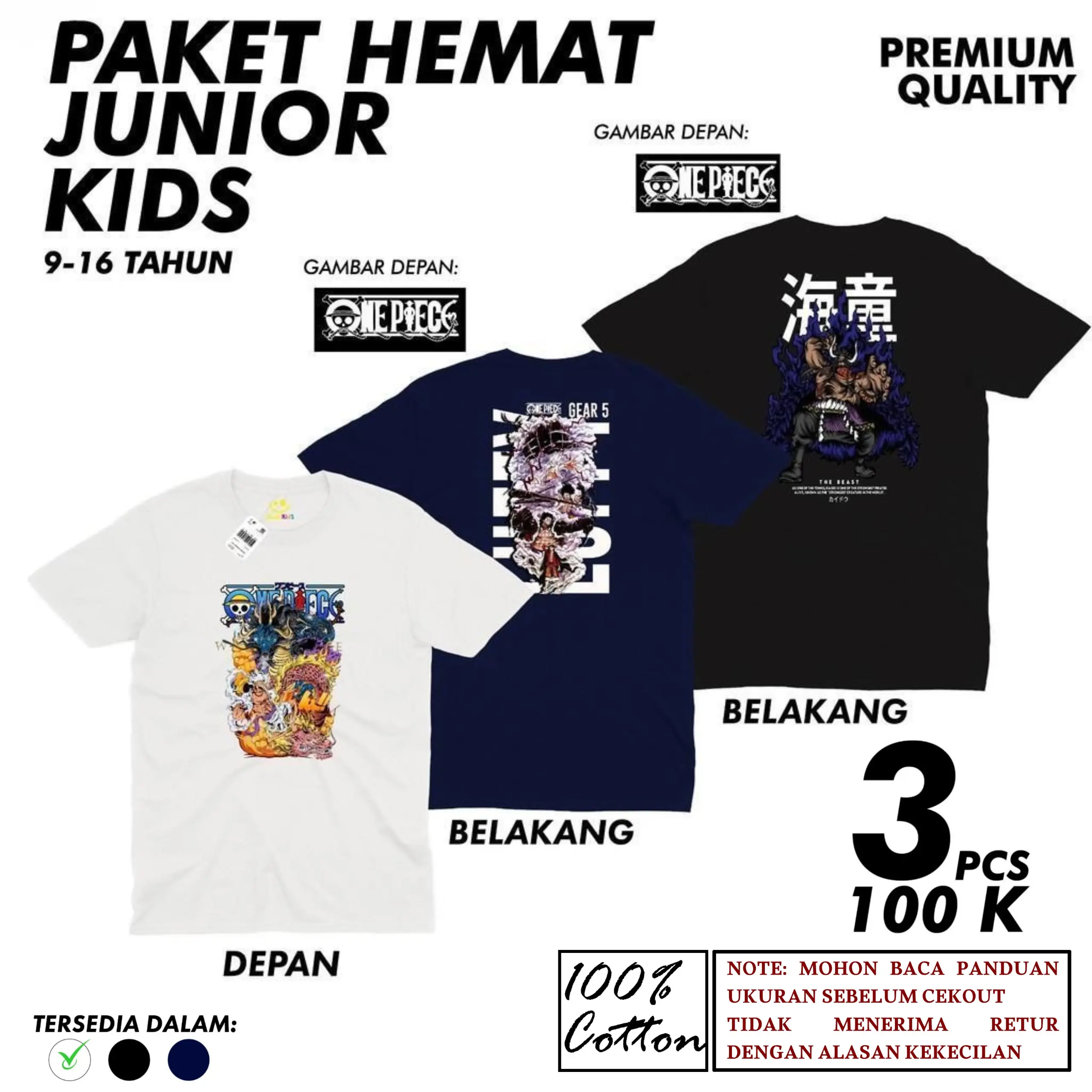 Paket hemat isi 3 pcs 100rb kaos junior tanggung remaja anime jepang ONE PIECE branded fashion anak street style anak cewek cowok Baju