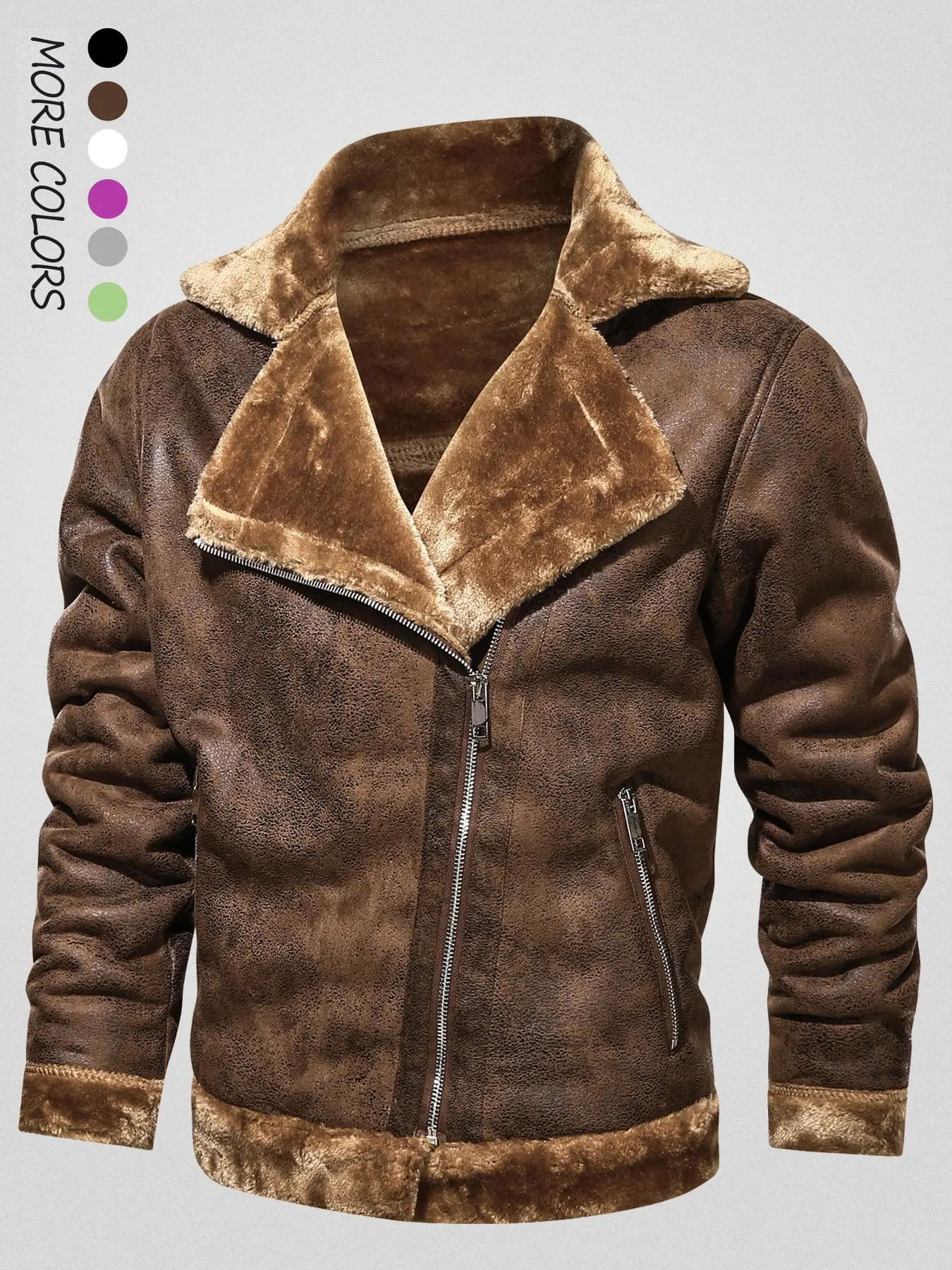 Men's Solid Pocket Zipper Sherpa PU Jacket, Fleece Jackets, Regular Fit Casual Long Sleeve Lapel Outerwear for Winter, Men's Clothes for Daily Wear， Men's Clothing