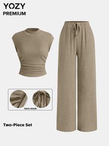 YOZY Women's Solid Color Top & Drawstring Waist Pants Two-piece Set, Casual Minimalist Sleeveless Top & Trousers for Daily Wear, Ladies Two-piece Outfits for All Seasons, Womenswear
