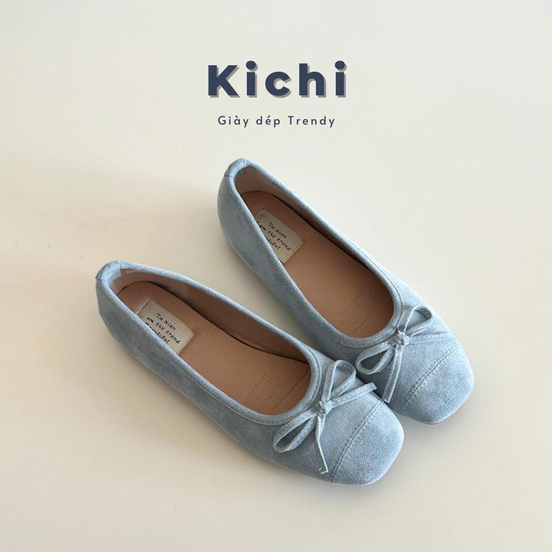  Giày búp bê Kichi màu xanh nhạt đế bằng bệt nhung mịn có nơ xanh dương da mềm balletcore - denim ballet flat mã 1095 