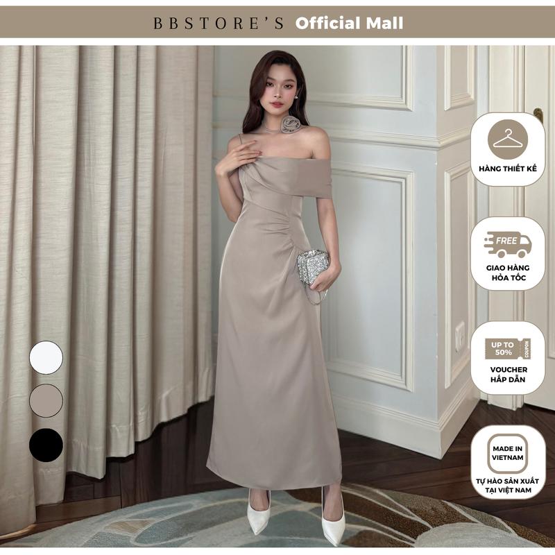 Đầm Dự Tiệc Trễ Vai Dáng Dài Suông Rũ Kèm Dây Hoa Chất Cotton Lụa  BBSTORE'S -D3936T Nữ Kem Women Dress