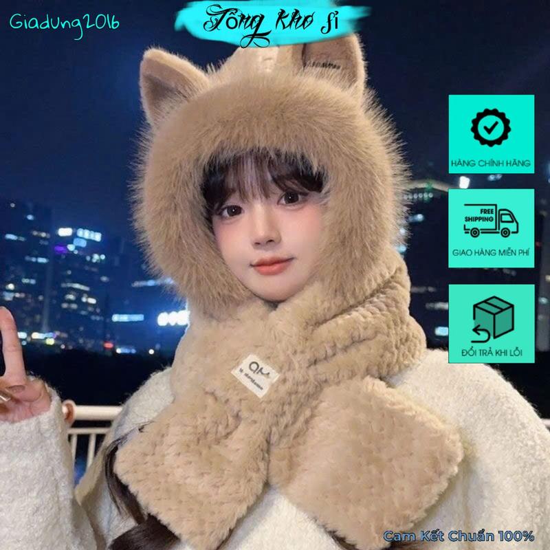 Mũ Len Nữ Trùm Đầu Kèm Khăn Tai Thỏ Siêu Đáng Yêu Ấm Áp 🌏FREE SHIP🌎 Mũ Len Lông Cừu Cực Mềm Mịn Thời Trang 2025