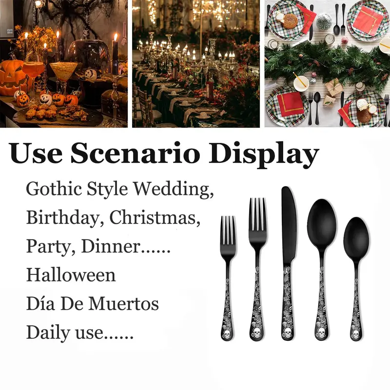 Gothic Style Flatware Set, 5/25pcs Skull & Rose Pattern Flatware Set, Stainless Steel Cutlery Set, Tableware Set for Home Kitchen 2