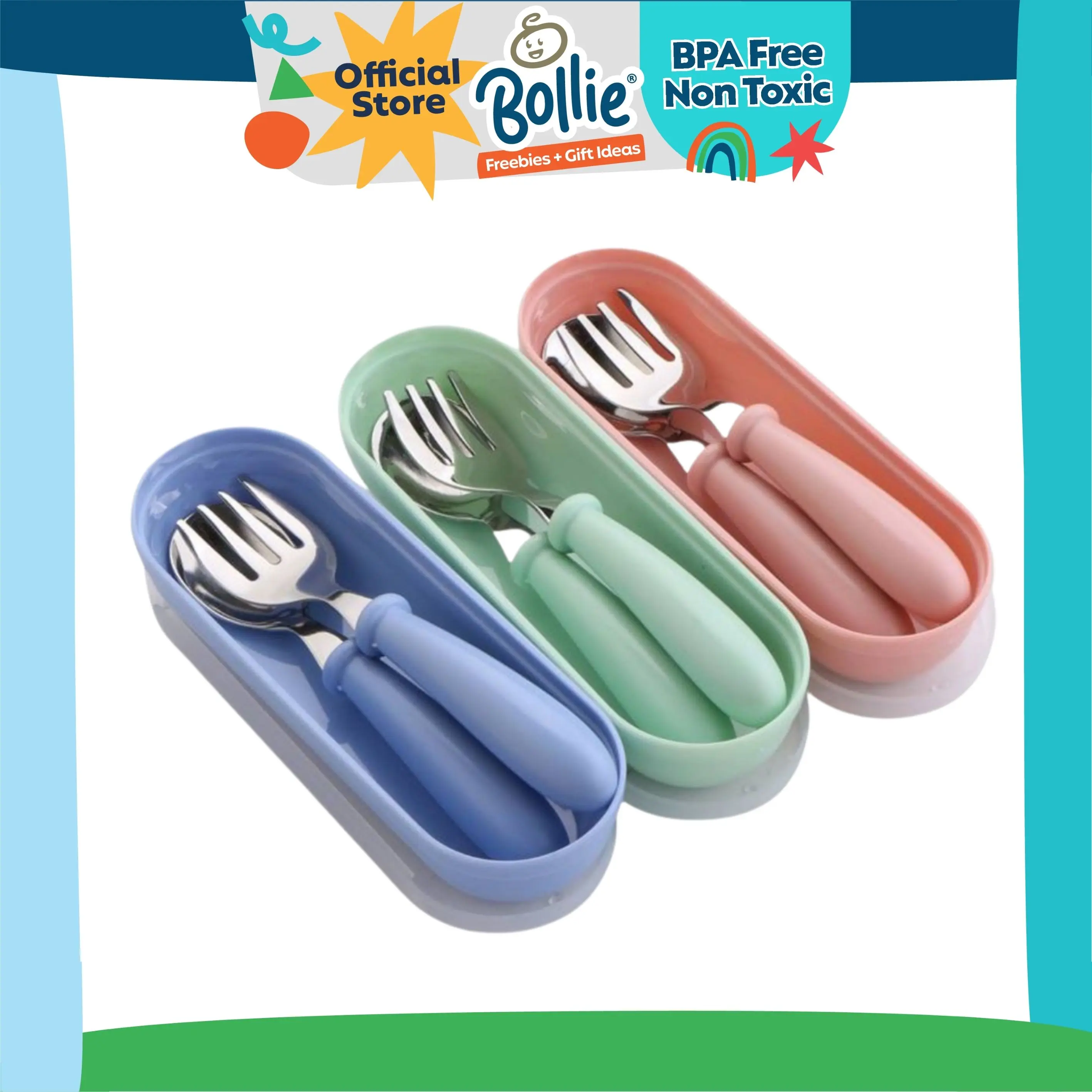 Bollie Baby Plain Stainless Spoon and Fork Set with Case (Training Spoon for Toddlers) BPA Free