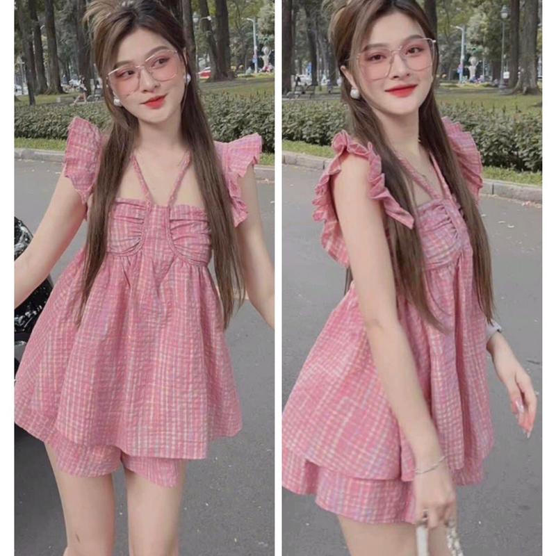 3Q253 - SET áo baby doll cổ yếm tay bèo kèm quần short