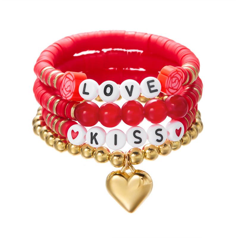 Product Introduction of Europe and America Cross Border Valentine's Day Bracelet Multi-Layer Twin Pink Love Pendant Bracelet Polymer Clay Beaded Stretch Bracelet 12