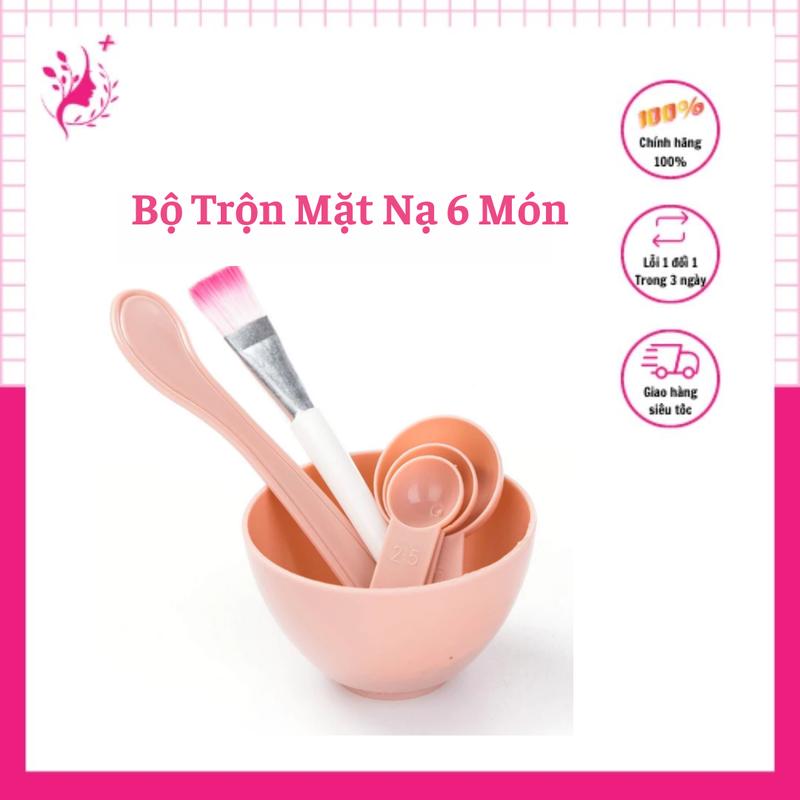 Combo Bát Thìa Chổi 6in1 - Bộ Trộn Mặt Nạ 6 Món Dùng Đắp Mặt Nạ Bột Bạc Hà, Vàng 24k, Hoa Hồng, DNA Cá Hồi