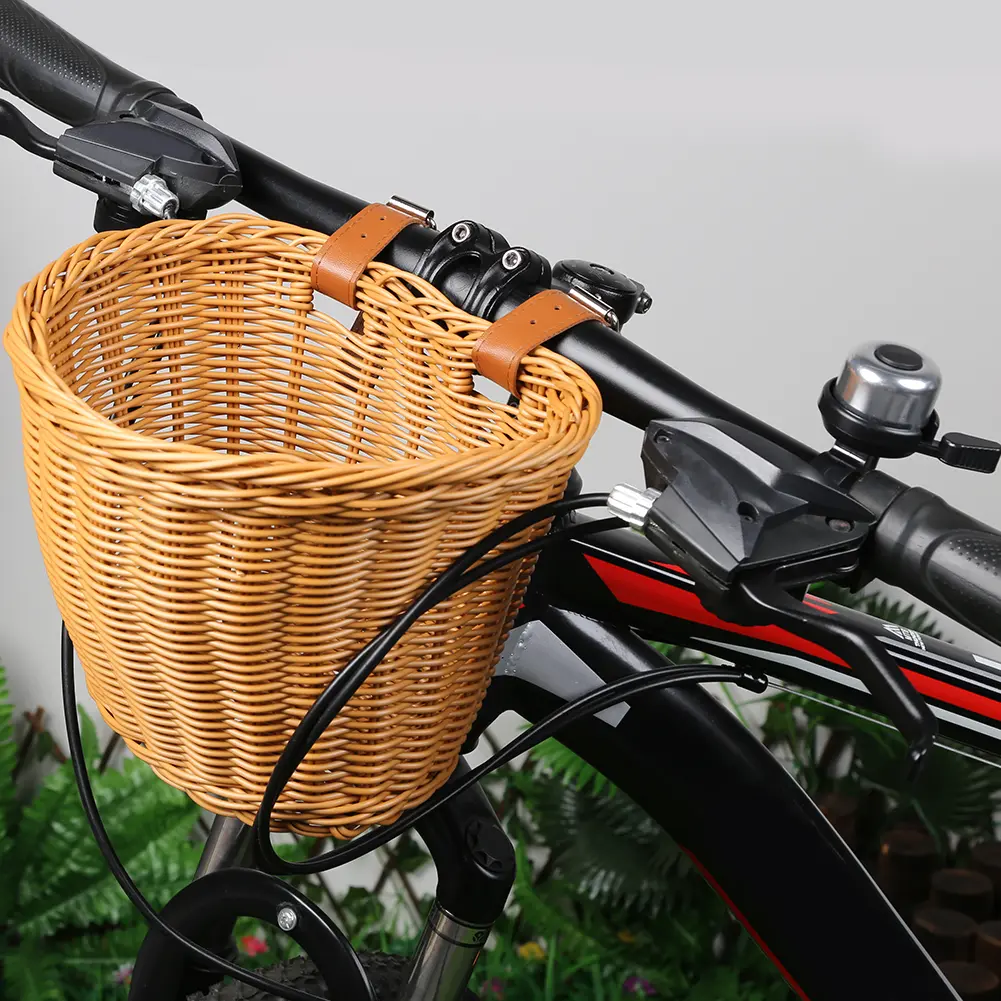 Bicycle Storage Pannier Bell with Leather Straps Bicycle Imitation Wicker Basket