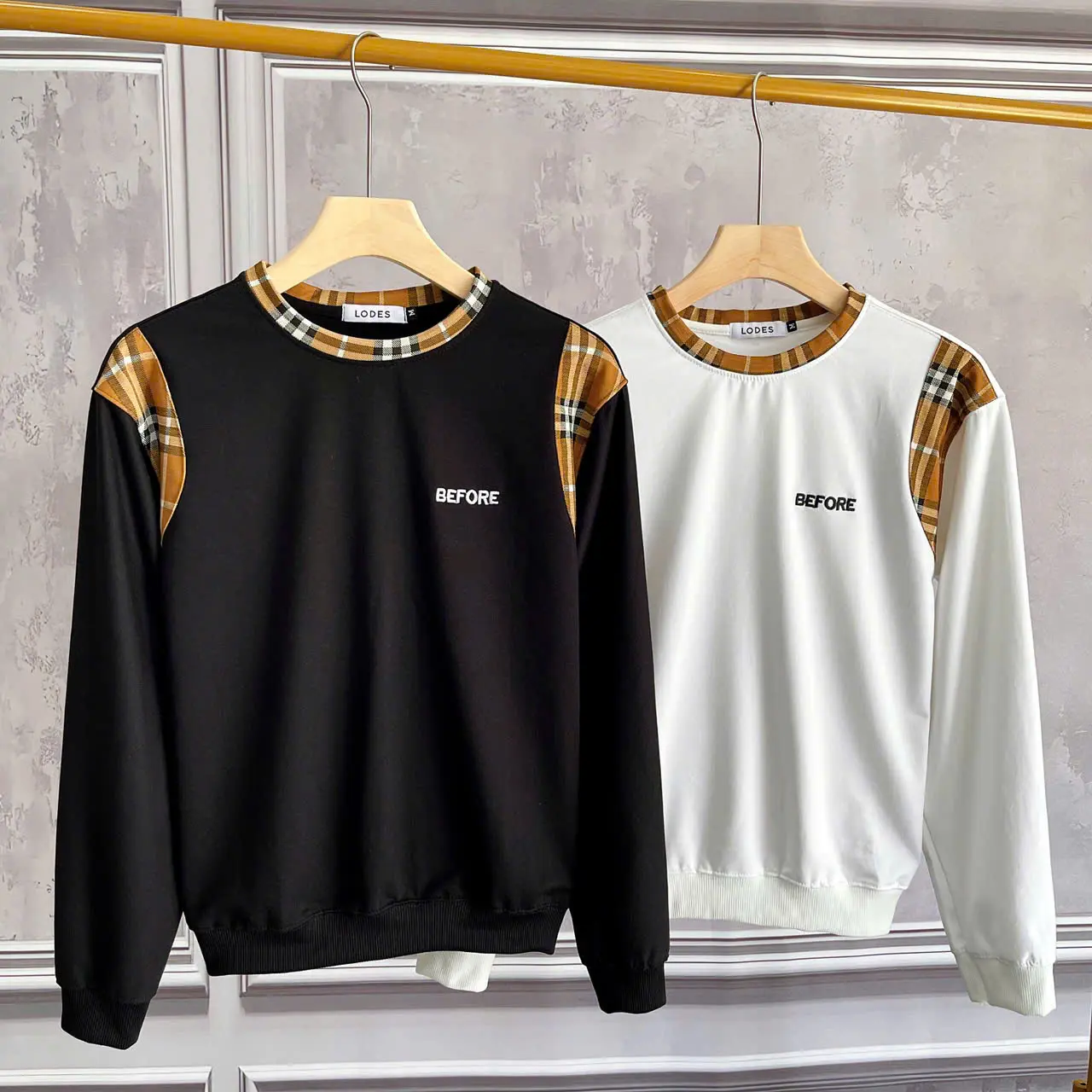 Áo nỉ sweater, áo thu đông dài tay phối sọc vai và cổ CARO ngực thêu BEFORE chất vải nỉ da cá dày dặn giữ ấm tốt Nam Menswear