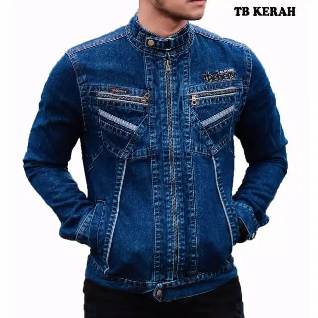 JAKET JEANS PRIA RESELETING MODEL SANGHAI NAVY SPRAY casual  biru  distro  cowok