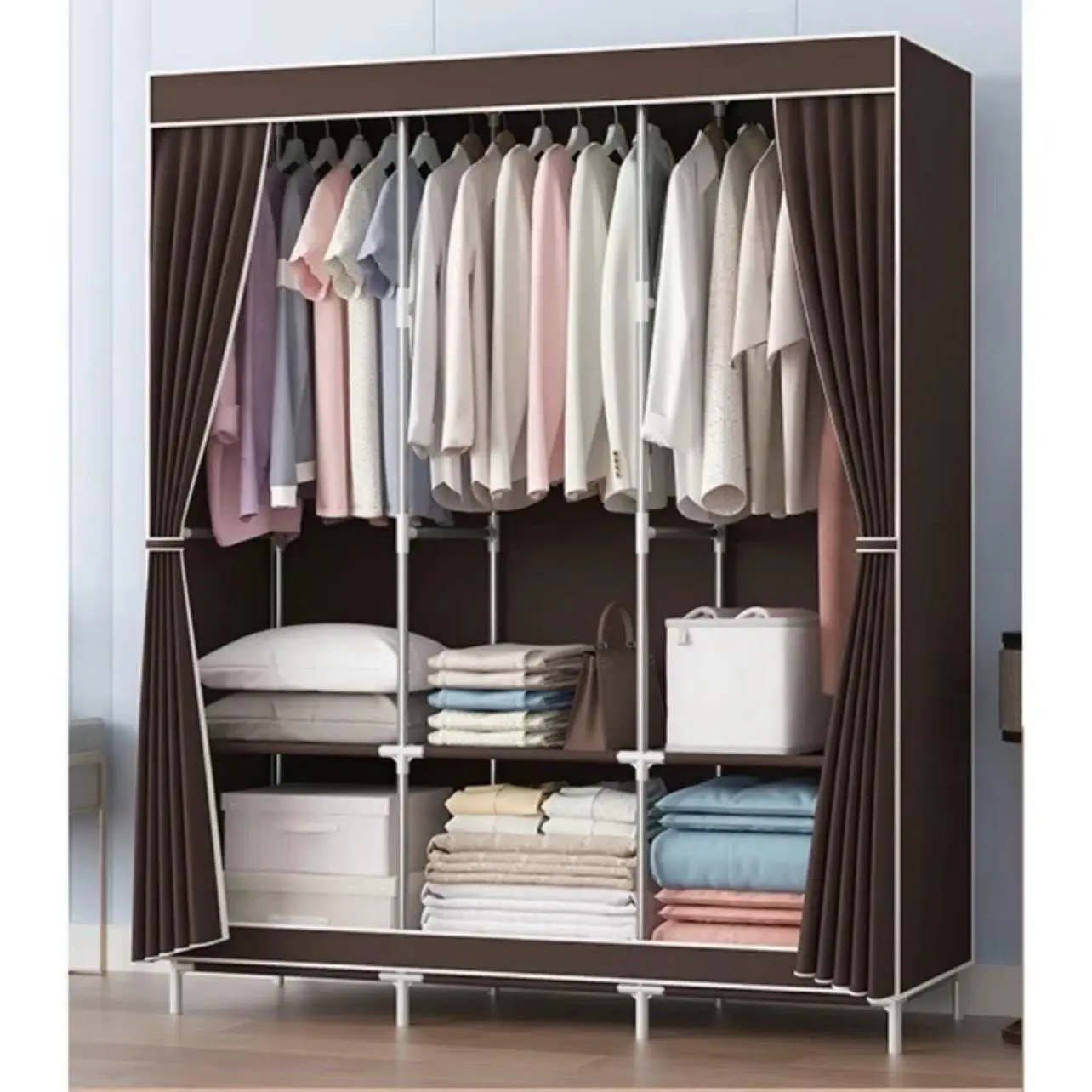 Tủ Quần Áo 3 Ngăn - Tủ Để Quần Áo Khung Thép Chắc Chắn Vải Canvas Không Xù Lông Có Rèm Che Bụi