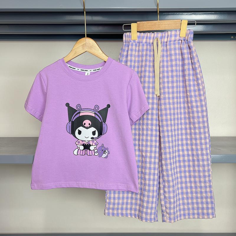Set bộ áo cộc quần xuông kẻ hình in KUROMI Siêu Hot chất mềm mát cho bé gái 18-40kg LONGNHIKIDS BG192 0
