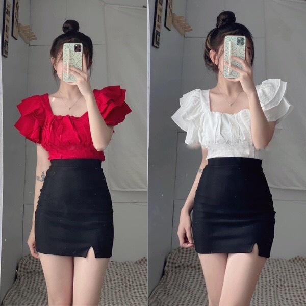  Áo kiểu nữ tay bèo cánh tiên  áo cổ vuông chất đũi dày dặn áo croptop tôn dáng   hình thật   Kem Nhung Women Voi 