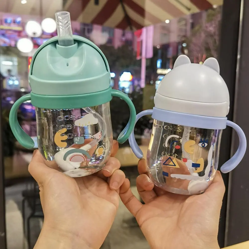 Cốc Tay Cầm Chống Sặc Hoạt Hình Dễ Thương, 250ml, Thích Hợp Cho Em Bé Và Trẻ Em, Có Ống Hút, Cốc Tập Luyện, Chống Rò Rỉ