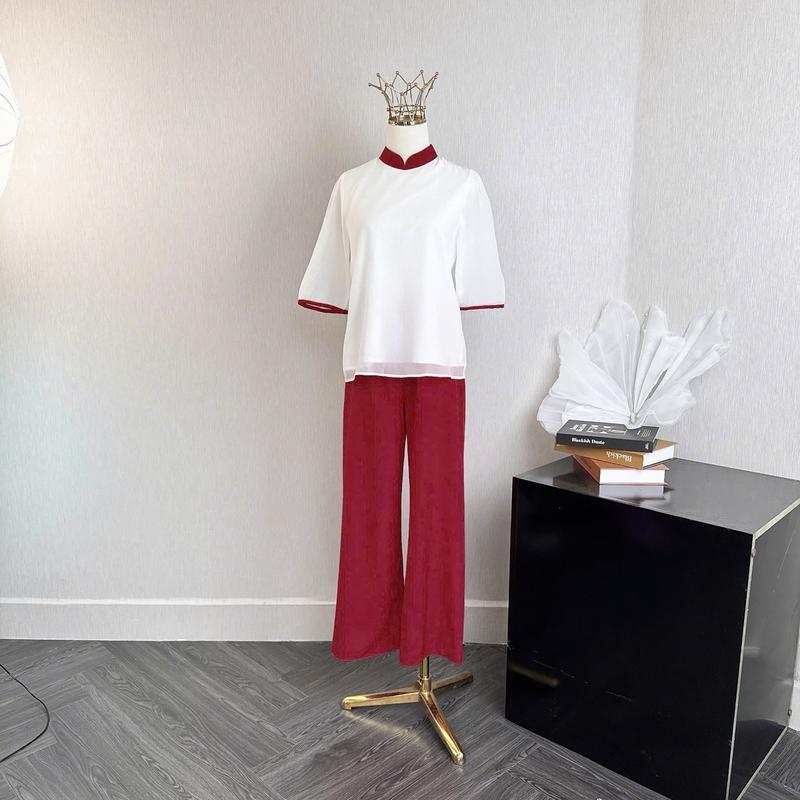 Tiany: AD02 SET CÁCH TÂN babydoll phối viền, áo tơ 2 lớp tay lỡ mix quần lụa hàn dáng dài ống rộng mắc Tết, đi chùa, lễ hội....