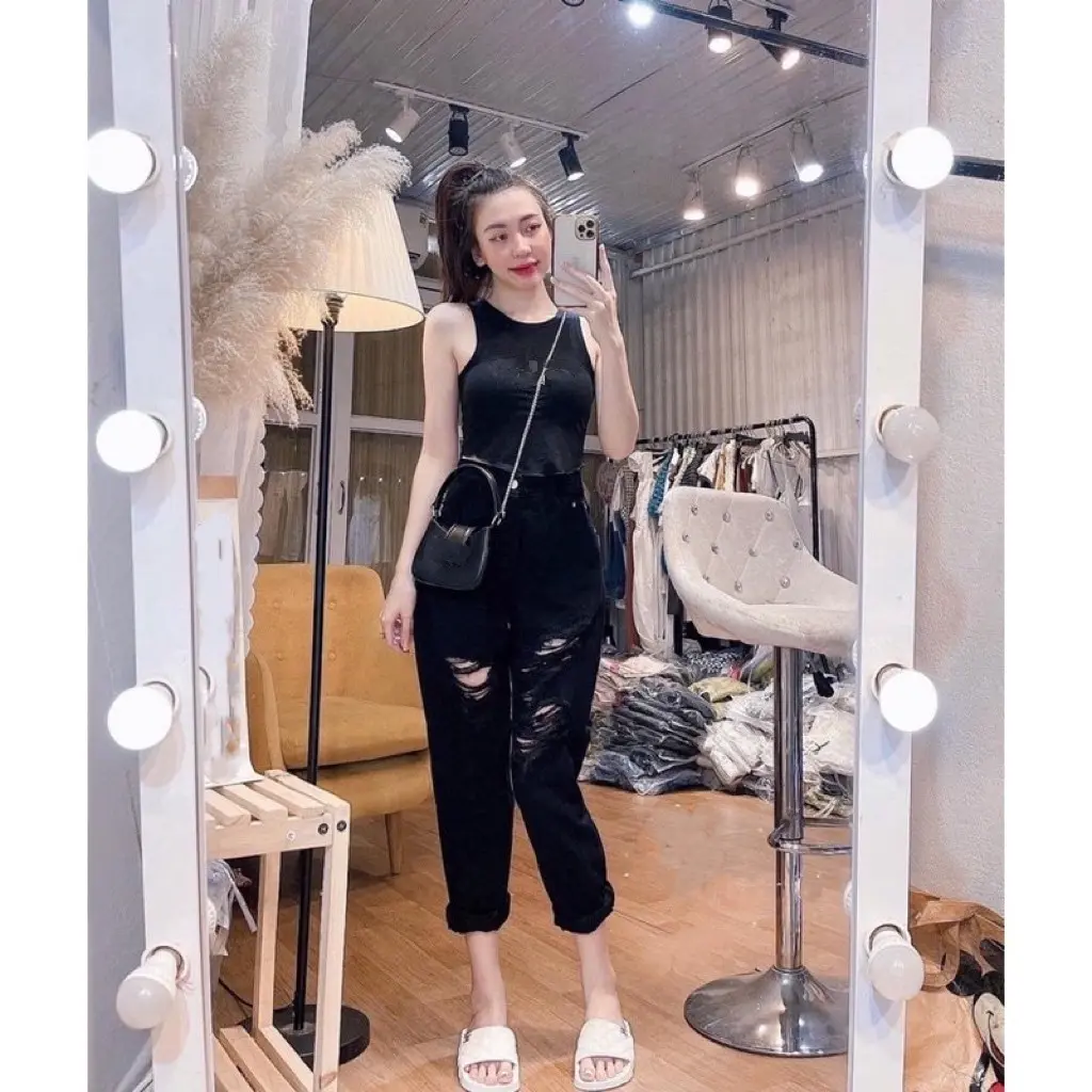 Quần Baggy jean nữ rách gối ngang sước 3 màu Xanh/ Xám /ĐEN