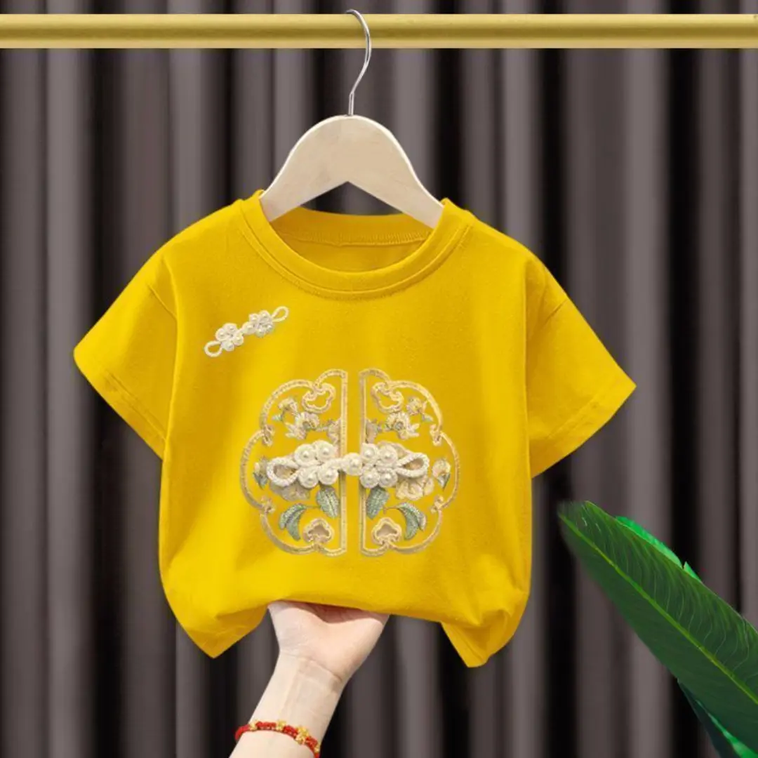 Áo Thun Cotton ngắn Tay Cho Bé Gái, Phong Cách Trung Quốc Mới, Áo Hợp Xu hướng Cho Nữ, Áo Sơ Mi Cơ Sở, Thích Hợp Cho Mùa Hè 2025, Quần Áo Trẻ Em