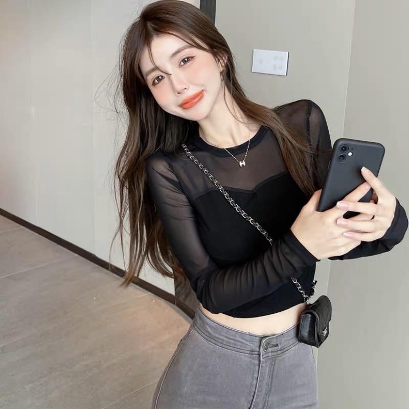Áo thun lưới tay dài cổ cao sexy cho nữ Top Tim