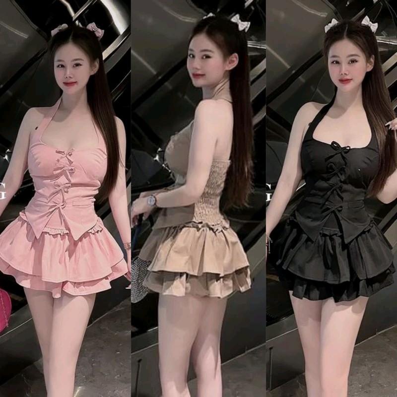 Bộ Áo Yếm Có Mút Chòng Cổ Dạng Vest Đính Hàng Nơ & Chân Váy Xoè Tầng Có Lót Bí Có Mút Ngực Nữ Women Top Đẹp Sánh Vai Chị Em Khi Ra Phố