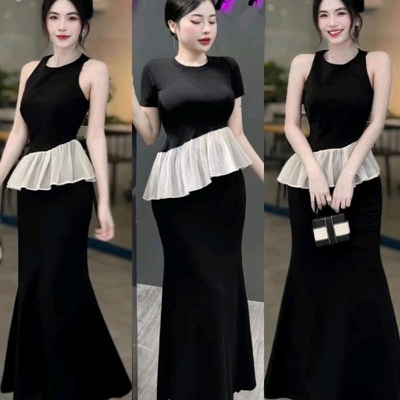 Set Áo Sát Nách/ Tay Ngắn Cổ Tròn Vạt Chéo Phối Viền Voan Trắng Và Chân Váy Xòe Đuôi Cá - Dài Maxi Ôm Body set thường set đồ nữ xinh quanaodep