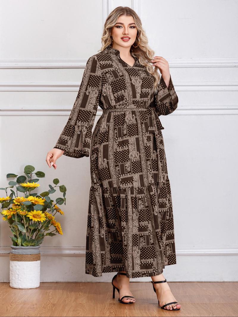 Product Introduction of 【Plus Size】 All Over Print Belted Notched Neck Dress, Elegant Flounce Sleeve Dress for Women, Women's Clothing for Summer 3